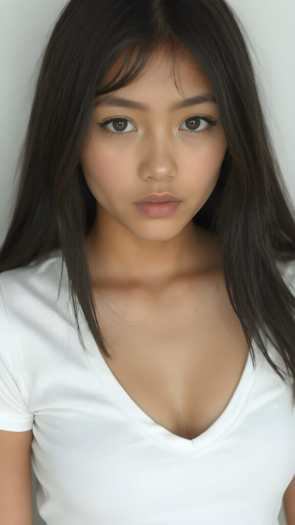 a very cute young busty teen girl, with straight black soft shoulder-length long hair, with naturally soft and slightly tanned skin, her lips are full and devoid of pigmentation, wearing a tight short thin v-neck white t-shirt. The background is a simple grey and white (plain and sleek) one for a perfect, classic and modern look. She exudes stunning beauty, in a fashion sense, photo-realistic, 4k, high quality and detailed details in her features and surroundings. full body view ((upper body inclusive)), showcasing her beautiful and natural looking skin and perfectly straight hair, in a classic portrait position, with a warm and soft light effect.