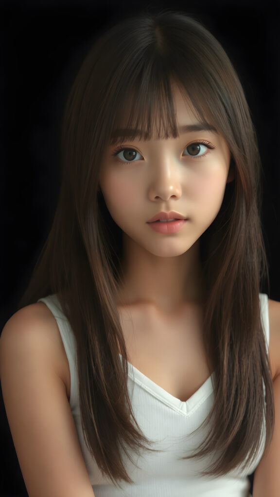 a very cute young teen girl, ((she is merged perfect between Japanese and Korean)), with straight soft long jet hair, with naturally soft and slightly tanned skin, her lips are full and devoid of pigmentation, wearing a tight short thin v-neck white cropped tank top. The background is simple black. She exudes stunning beauty, in a fashion sense, photo-realistic, 4k, high quality and detailed details in her features and surroundings. full body view ((upper body inclusive)), showcasing her beautiful and natural looking skin and perfectly straight hair, in a classic portrait position, with a warm and soft light effect.