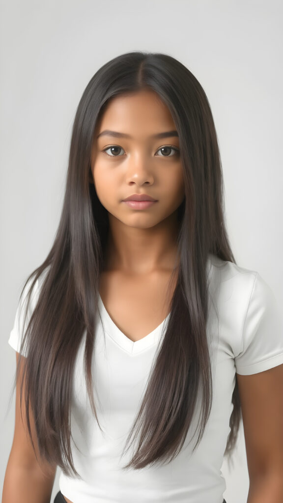 a very cute young mixed Exotic and Latino teen girl, with straight soft long obsidian black hair, with naturally soft and slightly tanned skin, her lips are full and devoid of pigmentation, wearing a tight short thin v-neck white t-shirt. The background is a simple grey and white (plain and sleek) one for a perfect, classic and modern look. She exudes stunning beauty, in a fashion sense, photo-realistic, 4k, high quality and detailed details in her features and surroundings. full body view ((upper body inclusive)), showcasing her beautiful and natural looking skin and perfectly straight hair, in a classic portrait position, with a warm and soft light effect.