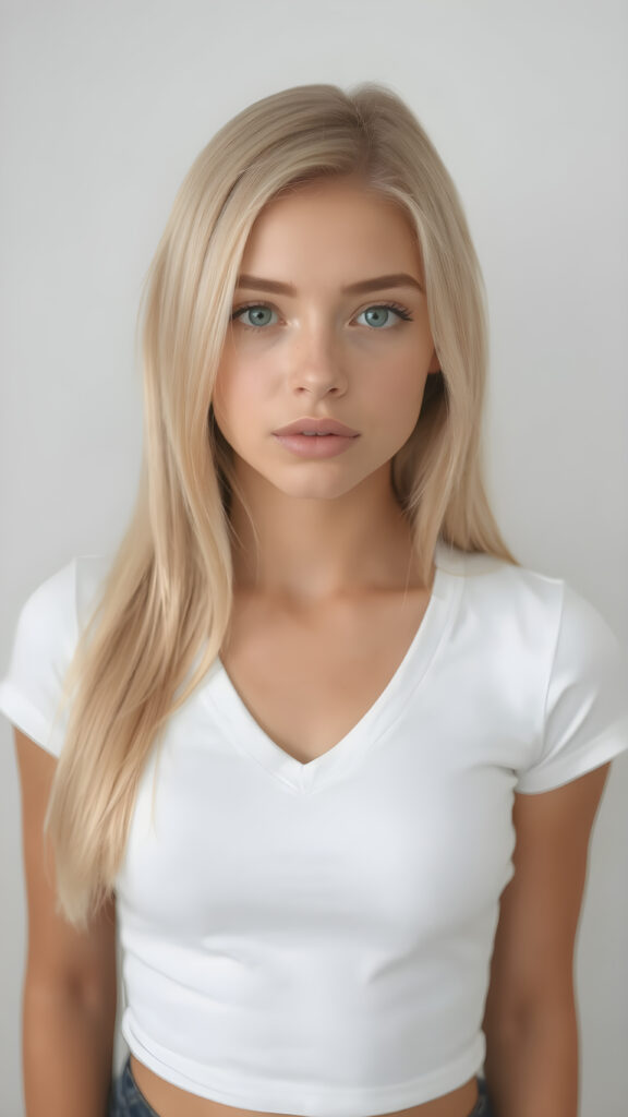 a very cute young busty teen girl, with straight soft long light blond hair, with naturally soft and slightly tanned skin, her lips are full and devoid of pigmentation, wearing a tight short thin v-neck white t-shirt. The background is a simple grey and white (plain and sleek) one for a perfect, classic and modern look. She exudes stunning beauty, in a fashion sense, photo-realistic, 4k, high quality and detailed details in her features and surroundings. full body view ((upper body inclusive)), showcasing her beautiful and natural looking skin and perfectly straight hair, in a classic portrait position, with a warm and soft light effect