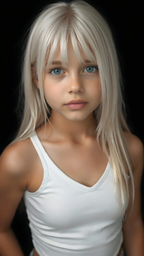 a very cute young teen girl, with straight soft long white hair, with naturally soft and slightly tanned skin, her lips are full and devoid of pigmentation, wearing a tight short thin v-neck white tank top. The background is black. She exudes stunning beauty, in a fashion sense, photo-realistic, 4k, high quality and detailed details in her features and surroundings. full body view ((upper body inclusive)), showcasing her beautiful and natural looking skin and perfectly straight hair, in a classic portrait position, with a warm and soft light effect