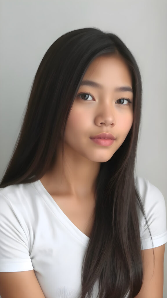 a very cute young busty teen girl, with straight soft long obsidian black hair, with naturally soft and slightly tanned skin, her lips are full and devoid of pigmentation, wearing a tight short thin v-neck white t-shirt. The background is a simple grey and white (plain and sleek) one for a perfect, classic and modern look. She exudes stunning beauty, in a fashion sense, photo-realistic, 4k, high quality and detailed details in her features and surroundings. full body view ((upper body inclusive)), showcasing her beautiful and natural looking skin and perfectly straight hair, in a classic portrait position, with a warm and soft light effect.