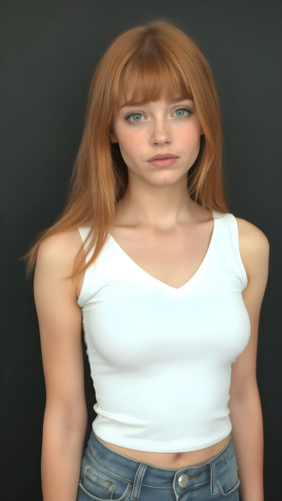 a very cute young busty teen girl, with straight soft long red hair, with naturally soft and slightly tanned skin, her lips are full and devoid of pigmentation, wearing a tight short thin v-neck white tank top. The background is a simple grey and white (plain and sleek) one for a perfect, classic and modern look. She exudes stunning beauty, in a fashion sense, photo-realistic, 4k, high quality and detailed details in her features and surroundings. full body view ((upper body inclusive)), showcasing her beautiful and natural looking skin and perfectly straight hair, in a classic portrait position, with a warm and soft light effect, all against a dark, black backdrop