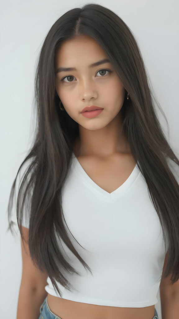 a very cute young busty teen girl, with straight black soft shoulder-length long hair, with naturally soft and slightly tanned skin, her lips are full and devoid of pigmentation, wearing a tight short thin v-neck white t-shirt. The background is a simple grey and white (plain and sleek) one for a perfect, classic and modern look. She exudes stunning beauty, in a fashion sense, photo-realistic, 4k, high quality and detailed details in her features and surroundings. full body view ((upper body inclusive)), showcasing her beautiful and natural looking skin and perfectly straight hair, in a classic portrait position, with a warm and soft light effect.