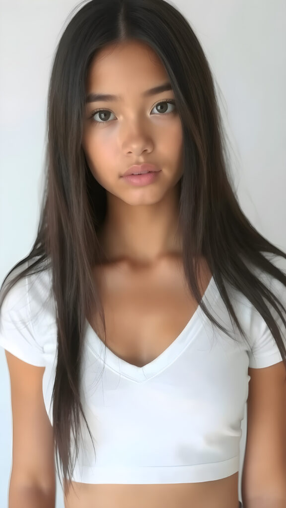 a very cute young mixed Exotic and Latino teen girl, with straight soft long obsidian black hair, with naturally soft and slightly tanned skin, her lips are full and devoid of pigmentation, wearing a tight short thin v-neck white t-shirt. The background is a simple grey and white (plain and sleek) one for a perfect, classic and modern look. She exudes stunning beauty, in a fashion sense, photo-realistic, 4k, high quality and detailed details in her features and surroundings. full body view ((upper body inclusive)), showcasing her beautiful and natural looking skin and perfectly straight hair, in a classic portrait position, with a warm and soft light effect.