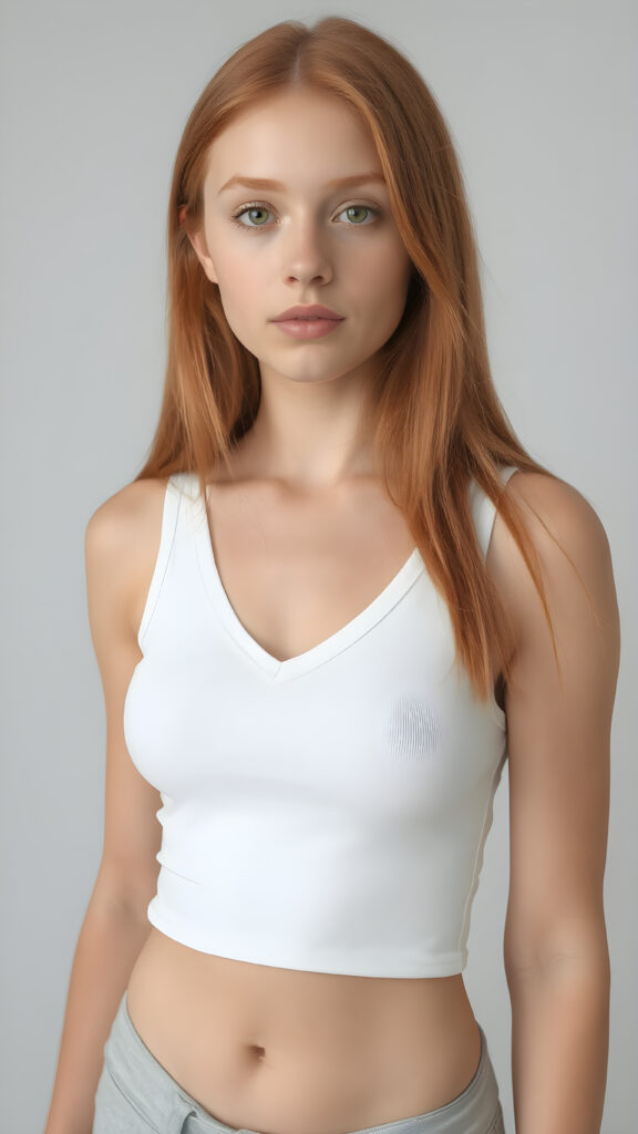 a very cute young busty teen girl, with straight soft long red hair, with naturally soft and slightly tanned skin, her lips are full and devoid of pigmentation, wearing a tight short thin v-neck white tank top. The background is a simple grey and white (plain and sleek) one for a perfect, classic and modern look. She exudes stunning beauty, in a fashion sense, photo-realistic, 4k, high quality and detailed details in her features and surroundings. full body view ((upper body inclusive)), showcasing her beautiful and natural looking skin and perfectly straight hair, in a classic portrait position, with a warm and soft light effect.