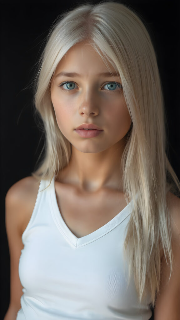 a very cute young teen girl, with straight soft long white hair, with naturally soft and slightly tanned skin, her lips are full and devoid of pigmentation, wearing a tight short thin v-neck white tank top. The background is black. She exudes stunning beauty, in a fashion sense, photo-realistic, 4k, high quality and detailed details in her features and surroundings. full body view ((upper body inclusive)), showcasing her beautiful and natural looking skin and perfectly straight hair, in a classic portrait position, with a warm and soft light effect