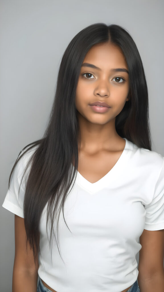 a very cute young mixed Exotic and Latino teen girl, with straight soft long obsidian black hair, with naturally soft and slightly tanned skin, her lips are full and devoid of pigmentation, wearing a tight short thin v-neck white t-shirt. The background is a simple grey and white (plain and sleek) one for a perfect, classic and modern look. She exudes stunning beauty, in a fashion sense, photo-realistic, 4k, high quality and detailed details in her features and surroundings. full body view ((upper body inclusive)), showcasing her beautiful and natural looking skin and perfectly straight hair, in a classic portrait position, with a warm and soft light effect.