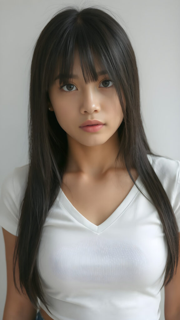 a very cute young busty teen girl, with straight black soft shoulder-length long hair, with naturally soft and slightly tanned skin, her lips are full and devoid of pigmentation, wearing a tight short thin v-neck white t-shirt. The background is a simple grey and white (plain and sleek) one for a perfect, classic and modern look. She exudes stunning beauty, in a fashion sense, photo-realistic, 4k, high quality and detailed details in her features and surroundings. full body view ((upper body inclusive)), showcasing her beautiful and natural looking skin and perfectly straight hair, in a classic portrait position, with a warm and soft light effect.