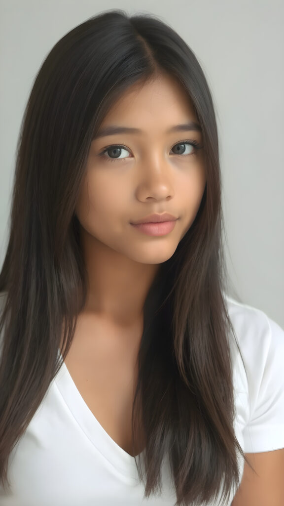 a very cute young mixed Exotic and Latino teen girl, with straight soft long obsidian black hair, with naturally soft and slightly tanned skin, her lips are full and devoid of pigmentation, wearing a tight short thin v-neck white t-shirt. The background is a simple grey and white (plain and sleek) one for a perfect, classic and modern look. She exudes stunning beauty, in a fashion sense, photo-realistic, 4k, high quality and detailed details in her features and surroundings. full body view ((upper body inclusive)), showcasing her beautiful and natural looking skin and perfectly straight hair, in a classic portrait position, with a warm and soft light effect.