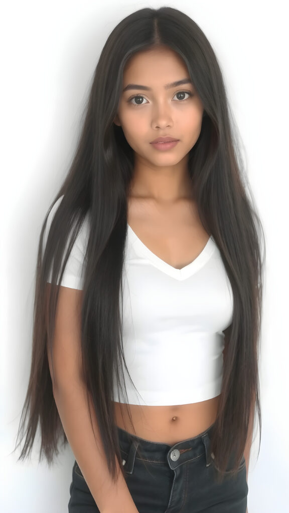 a very cute young busty teen girl, with straight soft long obsidian black hair, with naturally soft and slightly tanned skin, her lips are full and devoid of pigmentation, wearing a tight short thin v-neck white t-shirt. The background is a simple grey and white (plain and sleek) one for a perfect, classic and modern look. She exudes stunning beauty, in a fashion sense, photo-realistic, 4k, high quality and detailed details in her features and surroundings. full body view ((upper body inclusive)), showcasing her beautiful and natural looking skin and perfectly straight hair, in a classic portrait position, with a warm and soft light effect.