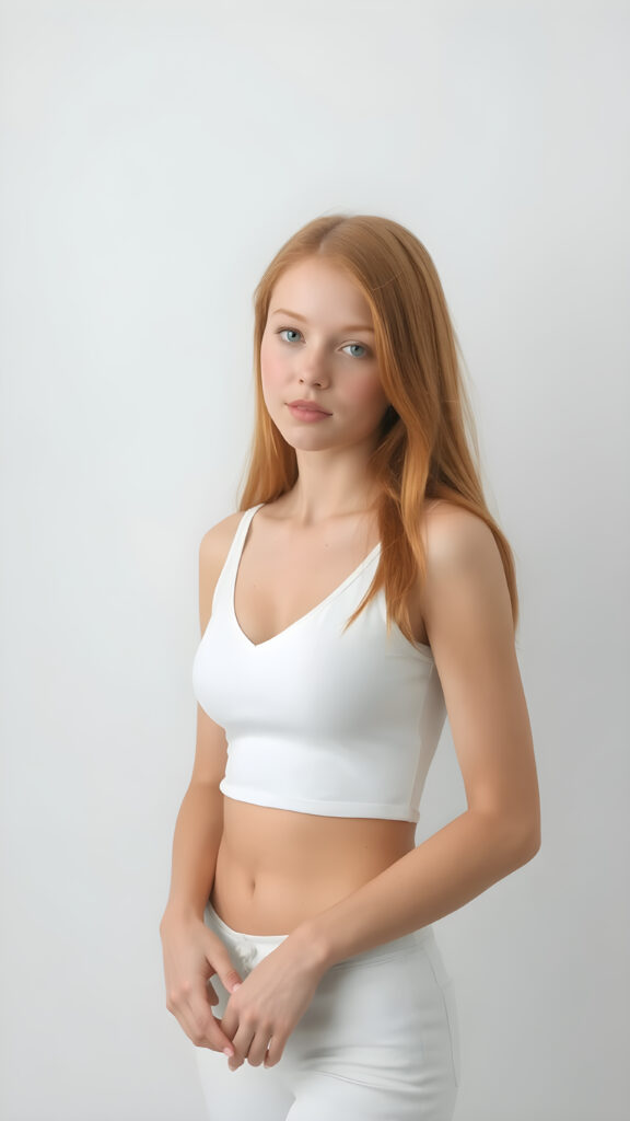 a very cute young busty teen girl, with straight soft long red hair, with naturally soft and slightly tanned skin, her lips are full and devoid of pigmentation, wearing a tight short thin v-neck white tank top. The background is a simple grey and white (plain and sleek) one for a perfect, classic and modern look. She exudes stunning beauty, in a fashion sense, photo-realistic, 4k, high quality and detailed details in her features and surroundings. full body view ((upper body inclusive)), showcasing her beautiful and natural looking skin and perfectly straight hair, in a classic portrait position, with a warm and soft light effect.