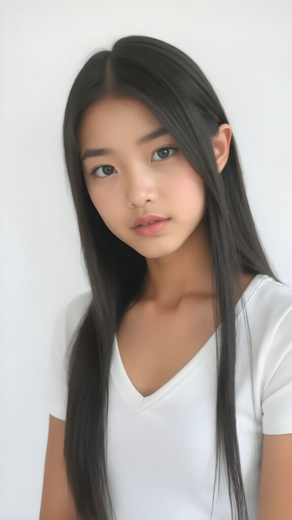 a very cute young busty teen girl, with straight soft long obsidian black hair, with naturally soft and slightly tanned skin, her lips are full and devoid of pigmentation, wearing a tight short thin v-neck white t-shirt. The background is a simple grey and white (plain and sleek) one for a perfect, classic and modern look. She exudes stunning beauty, in a fashion sense, photo-realistic, 4k, high quality and detailed details in her features and surroundings. full body view ((upper body inclusive)), showcasing her beautiful and natural looking skin and perfectly straight hair, in a classic portrait position, with a warm and soft light effect.