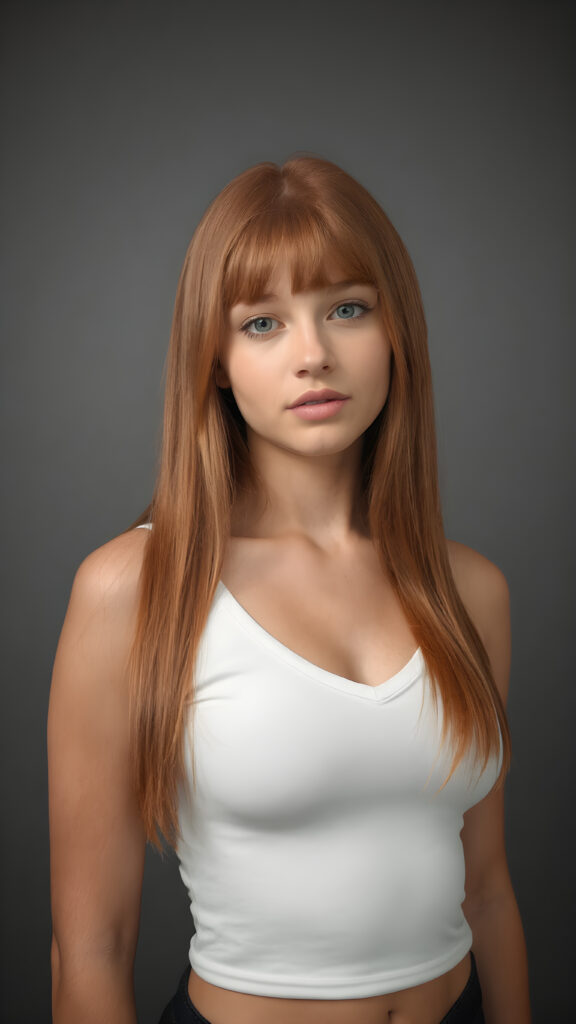 a very cute young busty teen girl, with straight soft long red hair, with naturally soft and slightly tanned skin, her lips are full and devoid of pigmentation, wearing a tight short thin v-neck white tank top. The background is a simple grey and white (plain and sleek) one for a perfect, classic and modern look. She exudes stunning beauty, in a fashion sense, photo-realistic, 4k, high quality and detailed details in her features and surroundings. full body view ((upper body inclusive)), showcasing her beautiful and natural looking skin and perfectly straight hair, in a classic portrait position, with a warm and soft light effect, all against a dark, black backdrop