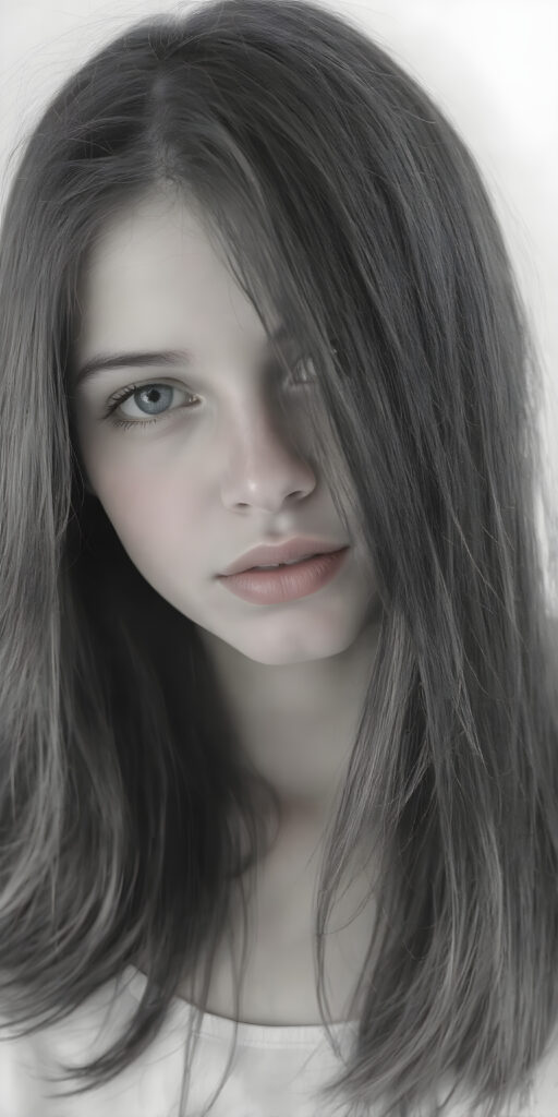 a (((very detailed and realistic (((black and white charcoal drawing))) ((upper body)) portrait))), featuring a (((cute teen girl))) with ((extremely long, straight, thick, untucked (natural dark) hair)), which flows down in a (soft, gradient slope) and gently curls around her face, paired with ((extremely realistic detailed (brown eyes))), ((realistic detailed (tanned, translucent skin)), and ((extremely realistic detailed (full kissable lips))), that curve in a (delicate, natural pose) against a backdrop of ((extreme front-facing view)), where her skin is ((extremely illuminated)), giving off an (extreme front-of-the-neck detail) and a (softly glowing natural complexion), all rendered in an (8K UHD) image with ((cinematic-quality black and white grading)) and ((cinematic-quality lighting)), embodying an (ultimate realism)