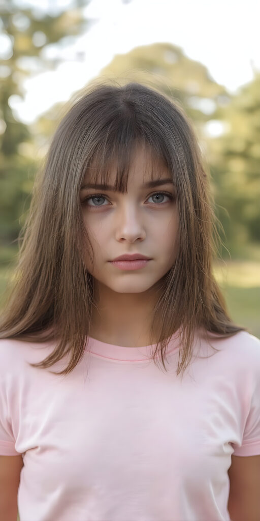 a (((very detailed and realistic photo from a (((cute teen girl))) with ((extremely long, straight, thick, jet soft (natural dark) hair)) stands in front of the viewer, she wears a pink t-shirt, all against a natural sunny backdrop in the park, Photograph Portrait Symmetrical Close-up Warm tones