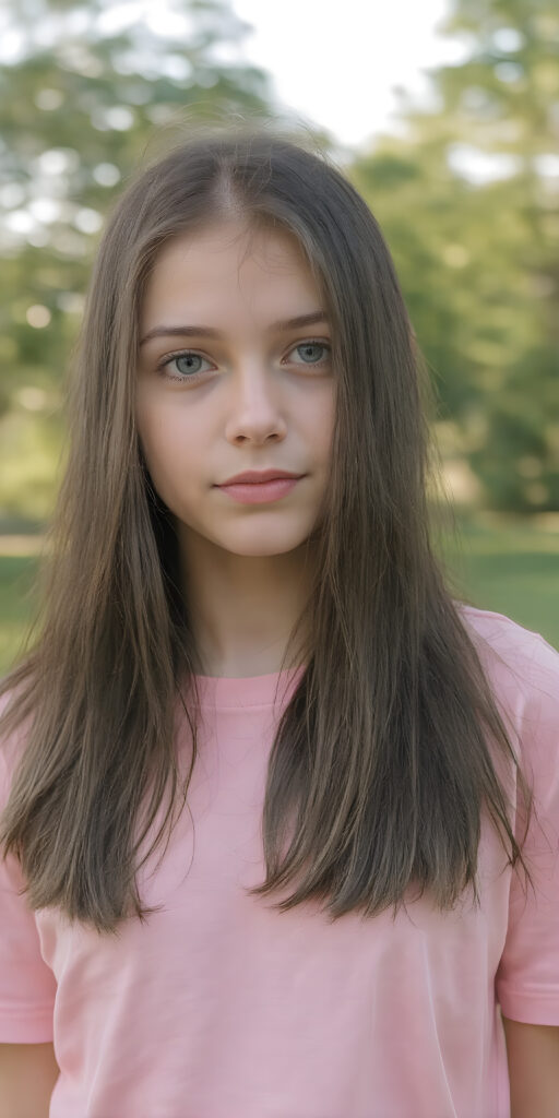 a (((very detailed and realistic photo from a (((cute teen girl))) with ((extremely long, straight, thick, jet soft (natural dark) hair)) stands in front of the viewer, she wears a pink t-shirt, all against a natural sunny backdrop in the park, Photograph Portrait Symmetrical Close-up Warm tones