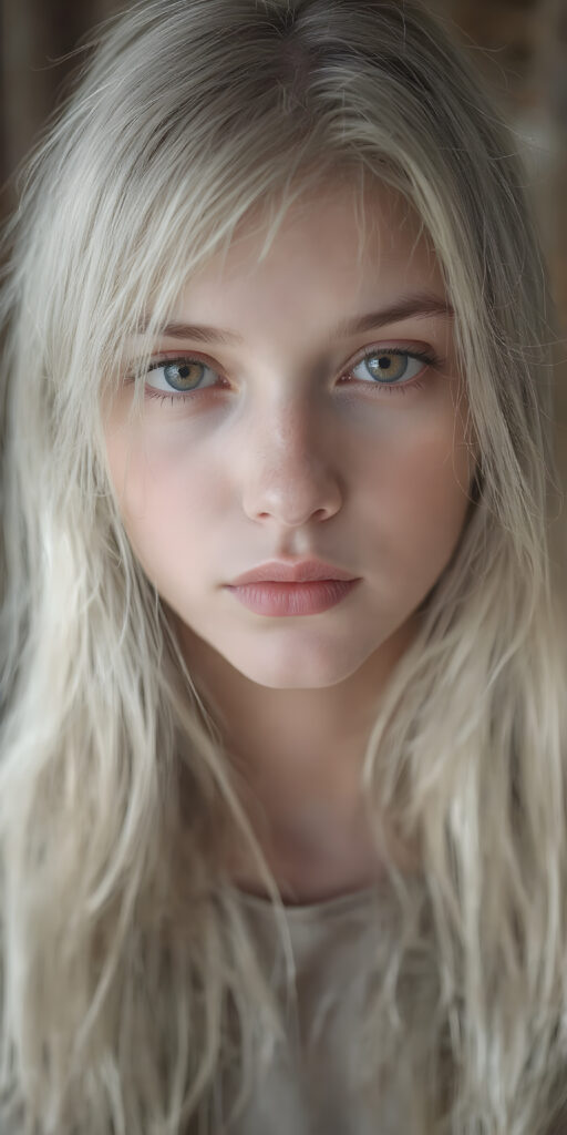 a (((very detailed and realistic full-body portrait))), featuring a (((cute teen girl))) with ((extremely long, straight, thick, untucked (natural white) hair)), which flows down in a (soft, gradient slope) and gently curls around her face, paired with ((extremely realistic detailed (brown eyes))), ((realistic detailed (pale, translucent skin)), and ((extremely realistic detailed (full kissable lips))), that curve in a (delicate, natural pose) against a backdrop of ((extreme front-facing view)), where her skin is ((extremely illuminated)), giving off an (extreme front-of-the-neck detail) and a (softly glowing natural complexion), all rendered in an (8K UHD) image with ((cinematic-quality color grading)) and ((cinematic-quality lighting)), embodying an (ultimate realism)