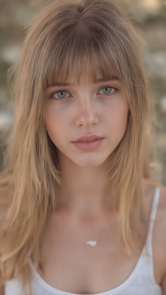 a (((very detailed and realistic full-body portrait))) featuring a (((cute and attractive teen girl))) with ((straight, long copper-blond hair)) and ((realistic detailed (pale skin)) that subtly flushes out in a (soft glow), combined with ((ultra realistic, highly detailed (brown eyes))), and ((realistic detailed (full kissable lips))), that exude ((a charming smile)), (((the face is illuminated beautifully))), she's ((looking confidently at the camera)), (((wearing a very low cut white tank top))), that perfectly complements her advanced features, (((perfect anatomy))), (((fit body))), (((highly detailed, 8k resolution, UHD))), (((a soft, natural light))), ((extremely detailed, crisp quality)), ((full kissable lips)), ((realistic detailed skin)), ((((realistic detailed texture on her face)), (long hair), (((the background is a beautiful sunset backdrop))) with ((highly detailed (daisy petals) that gently flutter around her face)), ((extremely detailed (the way her lips and skin is ill