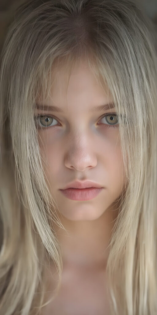 a (((very detailed and realistic full-body portrait))), featuring a (((cute teen girl))) with ((extremely long, straight, thick, untucked (natural white) hair)), which flows down in a (soft, gradient slope) and gently curls around her face, paired with ((extremely realistic detailed (brown eyes))), ((realistic detailed (pale, translucent skin)), and ((extremely realistic detailed (full kissable lips))), that curve in a (delicate, natural pose) against a backdrop of ((extreme front-facing view)), where her skin is ((extremely illuminated)), giving off an (extreme front-of-the-neck detail) and a (softly glowing natural complexion), all rendered in an (8K UHD) image with ((cinematic-quality color grading)) and ((cinematic-quality lighting)), embodying an (ultimate realism)