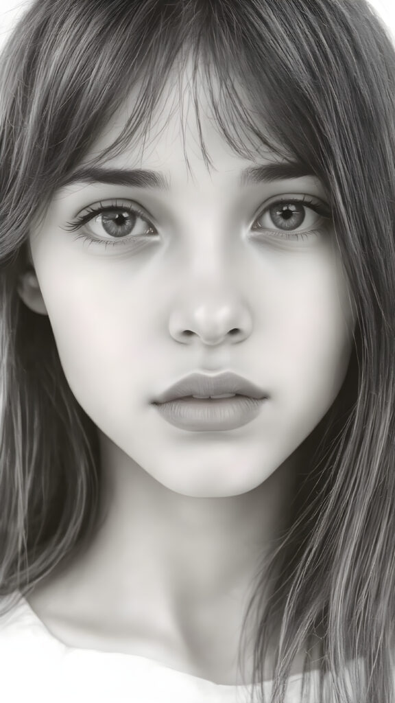 a (((very detailed and realistic (((black and white charcoal drawing))) ((upper body)) portrait))), featuring a (((cute teen girl))) with ((extremely long, straight, thick, untucked (natural dark) hair)), which flows down in a (soft, gradient slope) and gently curls around her face, paired with ((extremely realistic detailed (brown eyes))), ((realistic detailed (tanned, translucent skin)), and ((extremely realistic detailed (full kissable lips))), that curve in a (delicate, natural pose) against a backdrop of ((extreme front-facing view)), where her skin is ((extremely illuminated)), giving off an (extreme front-of-the-neck detail) and a (softly glowing natural complexion), all rendered in an (8K UHD) image with ((cinematic-quality black and white grading)) and ((cinematic-quality lighting)), embodying an (ultimate realism)