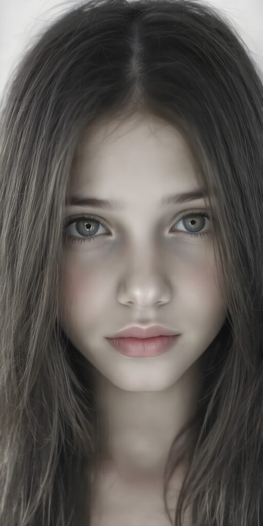 a (((very detailed and realistic (((black and white charcoal drawing))) ((upper body)) portrait))), featuring a (((cute teen girl))) with ((extremely long, straight, thick, untucked (natural dark) hair)), which flows down in a (soft, gradient slope) and gently curls around her face, paired with ((extremely realistic detailed (brown eyes))), ((realistic detailed (tanned, translucent skin)), and ((extremely realistic detailed (full kissable lips))), that curve in a (delicate, natural pose) against a backdrop of ((extreme front-facing view)), where her skin is ((extremely illuminated)), giving off an (extreme front-of-the-neck detail) and a (softly glowing natural complexion), all rendered in an (8K UHD) image with ((cinematic-quality black and white grading)) and ((cinematic-quality lighting)), embodying an (ultimate realism)