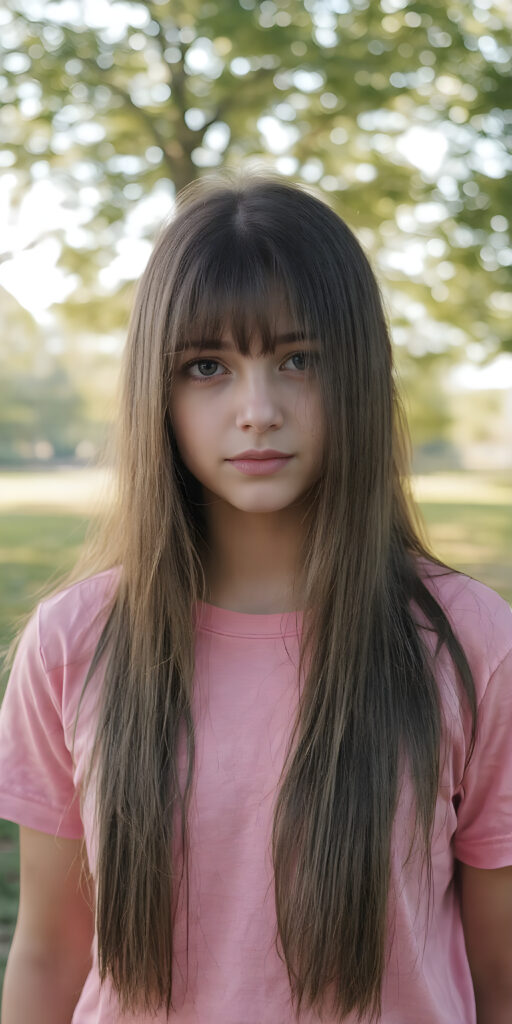 a (((very detailed and realistic photo from a (((cute teen girl))) with ((extremely long, straight, thick, jet soft (natural dark) hair)) stands in front of the viewer, she wears a pink t-shirt, all against a natural sunny backdrop in the park, Photograph Portrait Symmetrical Close-up Warm tones