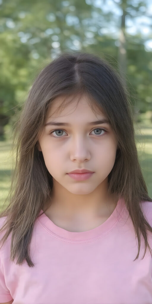 a (((very detailed and realistic photo from a (((cute teen girl))) with ((extremely long, straight, thick, jet soft (natural dark) hair)) stands in front of the viewer, she wears a pink t-shirt, all against a natural sunny backdrop in the park, Photograph Portrait Symmetrical Close-up Warm tones