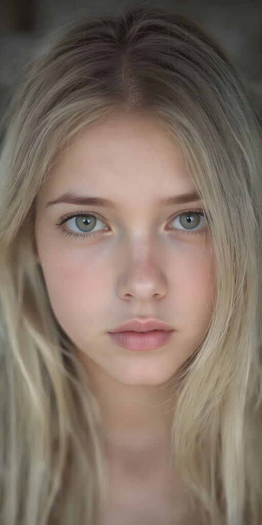 a (((very detailed and realistic full-body portrait))), featuring a (((cute teen girl))) with ((extremely long, straight, thick, untucked (natural white) hair)), which flows down in a (soft, gradient slope) and gently curls around her face, paired with ((extremely realistic detailed (brown eyes))), ((realistic detailed (pale, translucent skin)), and ((extremely realistic detailed (full kissable lips))), that curve in a (delicate, natural pose) against a backdrop of ((extreme front-facing view)), where her skin is ((extremely illuminated)), giving off an (extreme front-of-the-neck detail) and a (softly glowing natural complexion), all rendered in an (8K UHD) image with ((cinematic-quality color grading)) and ((cinematic-quality lighting)), embodying an (ultimate realism)