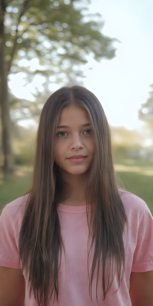 a (((very detailed and realistic photo from a (((cute teen girl))) with ((extremely long, straight, thick, jet soft (natural dark) hair)) stands in front of the viewer, she wears a pink t-shirt, all against a natural sunny backdrop in the park, Photograph Portrait Symmetrical Close-up Warm tones