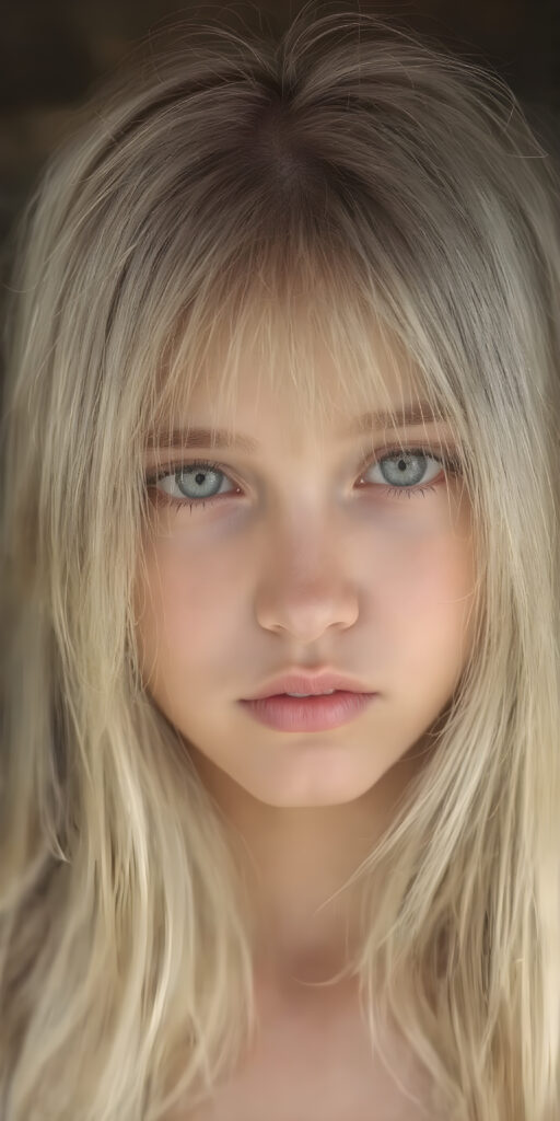 a (((very detailed and realistic full-body portrait))), featuring a (((cute teen girl))) with ((extremely long, straight, thick, untucked (natural white) hair)), which flows down in a (soft, gradient slope) and gently curls around her face, paired with ((extremely realistic detailed (brown eyes))), ((realistic detailed (pale, translucent skin)), and ((extremely realistic detailed (full kissable lips))), that curve in a (delicate, natural pose) against a backdrop of ((extreme front-facing view)), where her skin is ((extremely illuminated)), giving off an (extreme front-of-the-neck detail) and a (softly glowing natural complexion), all rendered in an (8K UHD) image with ((cinematic-quality color grading)) and ((cinematic-quality lighting)), embodying an (ultimate realism)