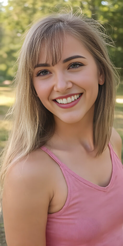 a (((very detailed and realistic photo from a (((cute young teen girl))), (she laughs and is very happy and radiates pure joy), with ((straight, thick, jet soft shoulder-length (golden) hair)), round face, full lips, withe teeth, light blue eyes, she wears a pink short cropped tank top with deep v-neck, she has a perfect curved body, all against a natural sunny backdrop in the park, photograph, portrait, symmetrical, close-up, warm tones, side view