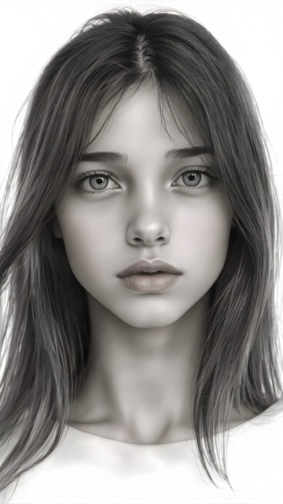 a (((very detailed and realistic (((black and white charcoal drawing))) ((upper body)) portrait))), featuring a (((cute teen girl))) with ((extremely long, straight, thick, untucked (natural dark) hair)), which flows down in a (soft, gradient slope) and gently curls around her face, paired with ((extremely realistic detailed (brown eyes))), ((realistic detailed (tanned, translucent skin)), and ((extremely realistic detailed (full kissable lips))), that curve in a (delicate, natural pose) against a backdrop of ((extreme front-facing view)), where her skin is ((extremely illuminated)), giving off an (extreme front-of-the-neck detail) and a (softly glowing natural complexion), all rendered in an (8K UHD) image with ((cinematic-quality black and white grading)) and ((cinematic-quality lighting)), embodying an (ultimate realism)