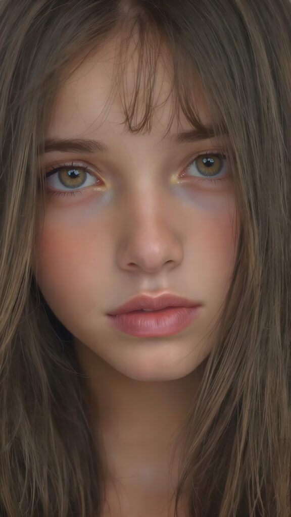 a (((very detailed and realistic portrait))), featuring a (((cute teen girl))) with ((extremely long, straight, thick, untucked (natural dark) hair)), which flows down in a (soft, gradient slope) and gently curls around her face, paired with ((extremely realistic detailed (brown eyes))), ((realistic detailed (pale, translucent skin)), and ((extremely realistic detailed (full kissable lips))), that curve in a (delicate, natural pose) against a backdrop of ((extreme front-facing view)), where her skin is ((extremely illuminated)), giving off an (extreme front-of-the-neck detail) and a (softly glowing natural complexion), all rendered in an (8K UHD) image with ((cinematic-quality color grading)) and ((cinematic-quality lighting)), embodying an (ultimate realism)