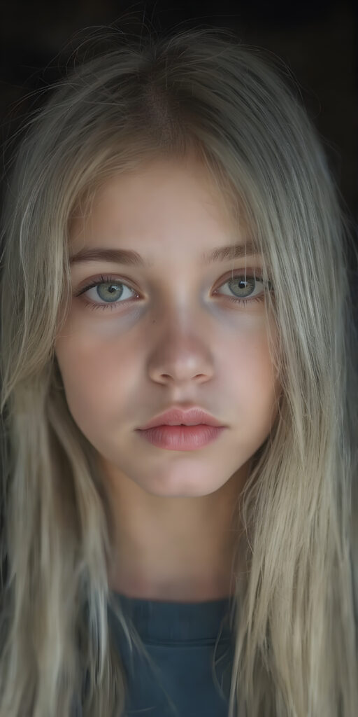 a (((very detailed and realistic full-body portrait))), featuring a (((cute teen girl))) with ((extremely long, straight, thick, untucked (natural white) hair)), which flows down in a (soft, gradient slope) and gently curls around her face, paired with ((extremely realistic detailed (brown eyes))), ((realistic detailed (pale, translucent skin)), and ((extremely realistic detailed (full kissable lips))), that curve in a (delicate, natural pose) against a backdrop of ((extreme front-facing view)), where her skin is ((extremely illuminated)), giving off an (extreme front-of-the-neck detail) and a (softly glowing natural complexion), all rendered in an (8K UHD) image with ((cinematic-quality color grading)) and ((cinematic-quality lighting)), embodying an (ultimate realism)