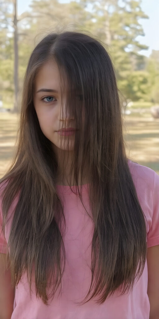 a (((very detailed and realistic photo from a (((cute teen girl))) with ((extremely long, straight, thick, jet soft (natural dark) hair)) stands in front of the viewer, she wears a pink t-shirt, all against a natural sunny backdrop in the park, Photograph Portrait Symmetrical Close-up Warm tones