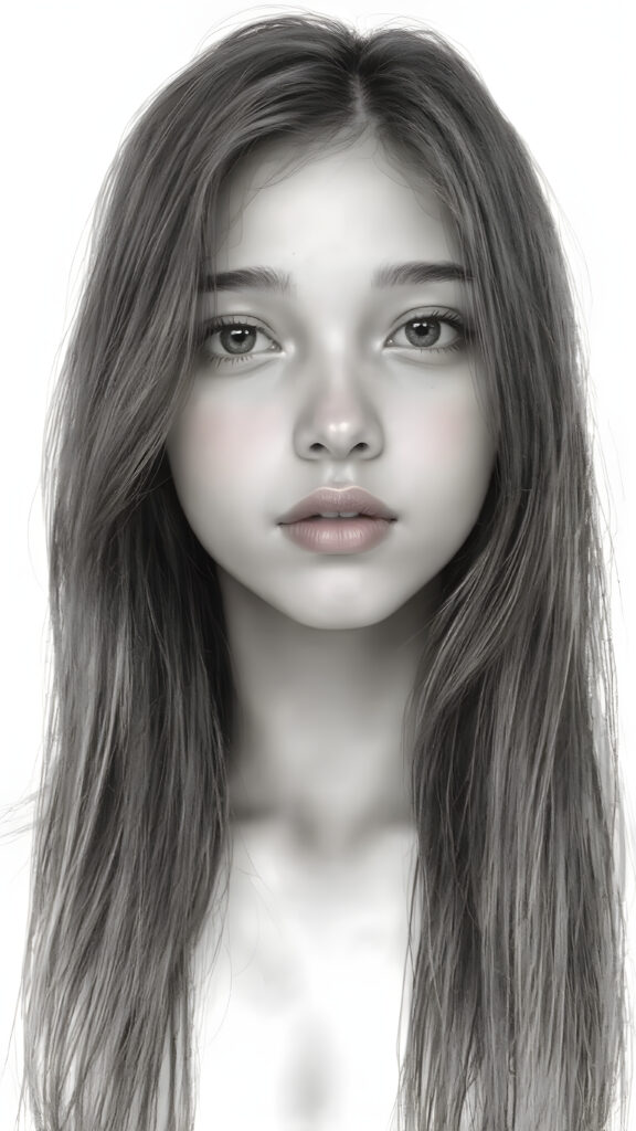 a (((very detailed and realistic (((black and white charcoal drawing))) ((upper body)) portrait))), featuring a (((cute teen girl))) with ((extremely long, straight, thick, untucked (natural dark) hair)), which flows down in a (soft, gradient slope) and gently curls around her face, paired with ((extremely realistic detailed (brown eyes))), ((realistic detailed (tanned, translucent skin)), and ((extremely realistic detailed (full kissable lips))), that curve in a (delicate, natural pose) against a backdrop of ((extreme front-facing view)), where her skin is ((extremely illuminated)), giving off an (extreme front-of-the-neck detail) and a (softly glowing natural complexion), all rendered in an (8K UHD) image with ((cinematic-quality black and white grading)) and ((cinematic-quality lighting)), embodying an (ultimate realism)