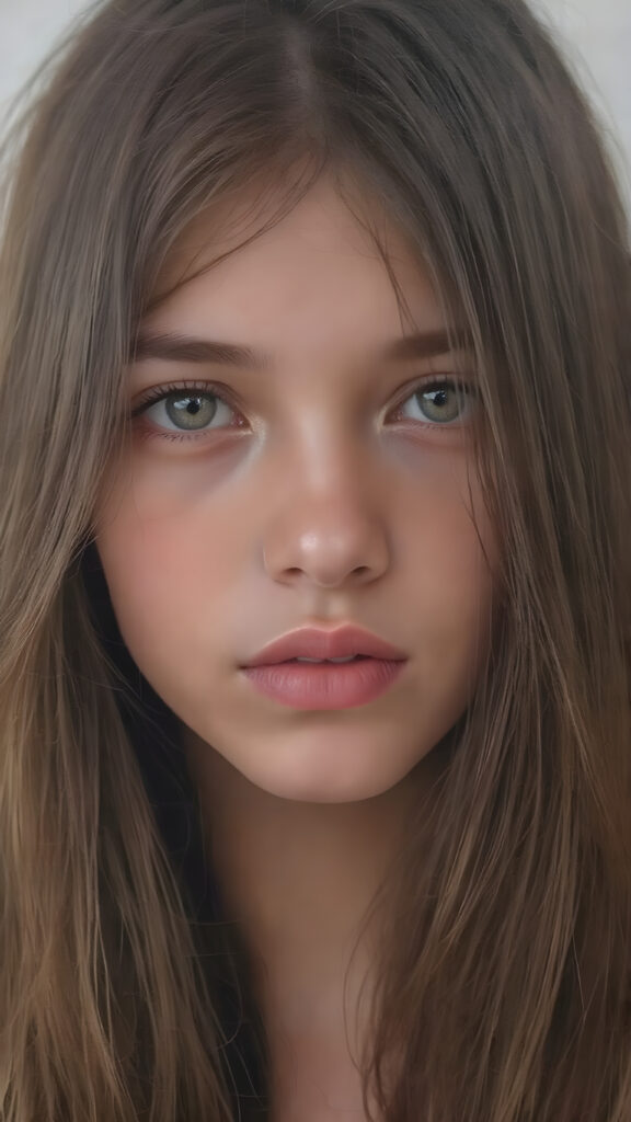 a (((very detailed and realistic portrait))), featuring a (((cute teen girl))) with ((extremely long, straight, thick, untucked (natural dark) hair)), which flows down in a (soft, gradient slope) and gently curls around her face, paired with ((extremely realistic detailed (brown eyes))), ((realistic detailed (pale, translucent skin)), and ((extremely realistic detailed (full kissable lips))), that curve in a (delicate, natural pose) against a backdrop of ((extreme front-facing view)), where her skin is ((extremely illuminated)), giving off an (extreme front-of-the-neck detail) and a (softly glowing natural complexion), all rendered in an (8K UHD) image with ((cinematic-quality color grading)) and ((cinematic-quality lighting)), embodying an (ultimate realism)