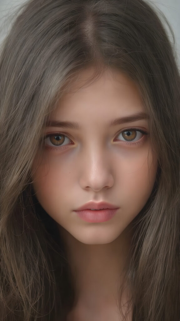 a (((very detailed and realistic portrait))), featuring a (((cute teen girl))) with ((extremely long, straight, thick, untucked (natural dark) hair)), which flows down in a (soft, gradient slope) and gently curls around her face, paired with ((extremely realistic detailed (brown eyes))), ((realistic detailed (pale, translucent skin)), and ((extremely realistic detailed (full kissable lips))), that curve in a (delicate, natural pose) against a backdrop of ((extreme front-facing view)), where her skin is ((extremely illuminated)), giving off an (extreme front-of-the-neck detail) and a (softly glowing natural complexion), all rendered in an (8K UHD) image with ((cinematic-quality color grading)) and ((cinematic-quality lighting)), embodying an (ultimate realism)