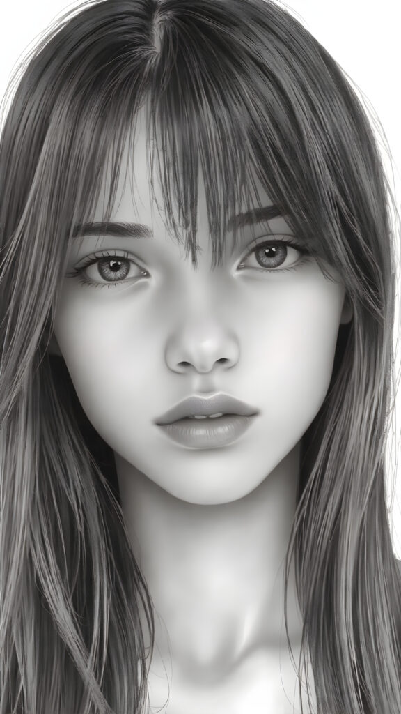 a (((very detailed and realistic (((black and white charcoal drawing))) ((upper body)) portrait))), featuring a (((cute teen girl))) with ((extremely long, straight, thick, untucked (natural dark) hair)), which flows down in a (soft, gradient slope) and gently curls around her face, paired with ((extremely realistic detailed (brown eyes))), ((realistic detailed (tanned, translucent skin)), and ((extremely realistic detailed (full kissable lips))), that curve in a (delicate, natural pose) against a backdrop of ((extreme front-facing view)), where her skin is ((extremely illuminated)), giving off an (extreme front-of-the-neck detail) and a (softly glowing natural complexion), all rendered in an (8K UHD) image with ((cinematic-quality black and white grading)) and ((cinematic-quality lighting)), embodying an (ultimate realism)