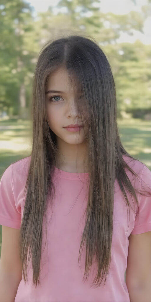 a (((very detailed and realistic photo from a (((cute teen girl))) with ((extremely long, straight, thick, jet soft (natural dark) hair)) stands in front of the viewer, she wears a pink t-shirt, all against a natural sunny backdrop in the park, Photograph Portrait Symmetrical Close-up Warm tones