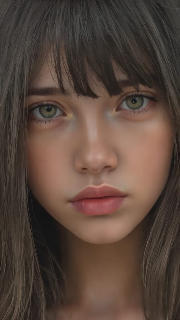 a (((very detailed and realistic portrait))), featuring a (((cute teen girl))) with ((extremely long, straight, thick, untucked (natural dark) hair)), which flows down in a (soft, gradient slope) and gently curls around her face, paired with ((extremely realistic detailed (brown eyes))), ((realistic detailed (pale, translucent skin)), and ((extremely realistic detailed (full kissable lips))), that curve in a (delicate, natural pose) against a backdrop of ((extreme front-facing view)), where her skin is ((extremely illuminated)), giving off an (extreme front-of-the-neck detail) and a (softly glowing natural complexion), all rendered in an (8K UHD) image with ((cinematic-quality color grading)) and ((cinematic-quality lighting)), embodying an (ultimate realism)