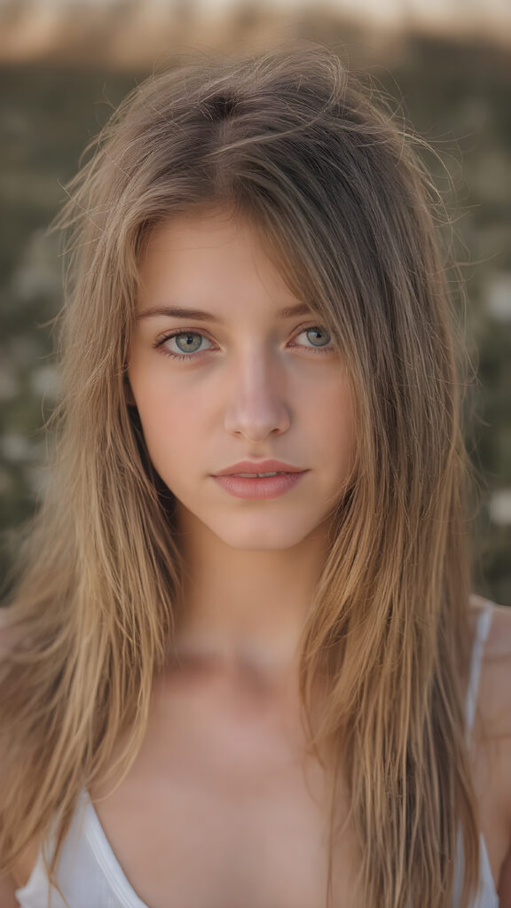 a (((very detailed and realistic full-body portrait))) featuring a (((cute and attractive teen girl))) with ((straight, long copper-blond hair)) and ((realistic detailed (pale skin)) that subtly flushes out in a (soft glow), combined with ((ultra realistic, highly detailed (brown eyes))), and ((realistic detailed (full kissable lips))), that exude ((a charming smile)), (((the face is illuminated beautifully))), she's ((looking confidently at the camera)), (((wearing a very low cut white tank top))), that perfectly complements her advanced features, (((perfect anatomy))), (((fit body))), (((highly detailed, 8k resolution, UHD))), (((a soft, natural light))), ((extremely detailed, crisp quality)), ((full kissable lips)), ((realistic detailed skin)), ((((realistic detailed texture on her face)), (long hair), (((the background is a beautiful sunset backdrop))) with ((highly detailed (daisy petals) that gently flutter around her face)), ((extremely detailed (the way her lips and skin is ill