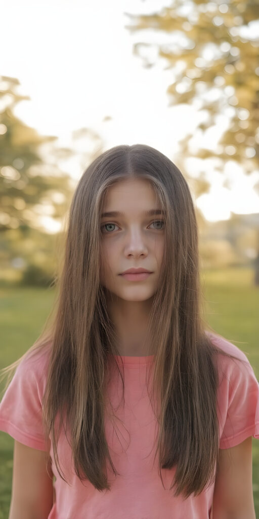 a (((very detailed and realistic photo from a (((cute teen girl))) with ((extremely long, straight, thick, jet soft (natural dark) hair)) stands in front of the viewer, she wears a pink t-shirt, all against a natural sunny backdrop in the park, Photograph Portrait Symmetrical Close-up Warm tones