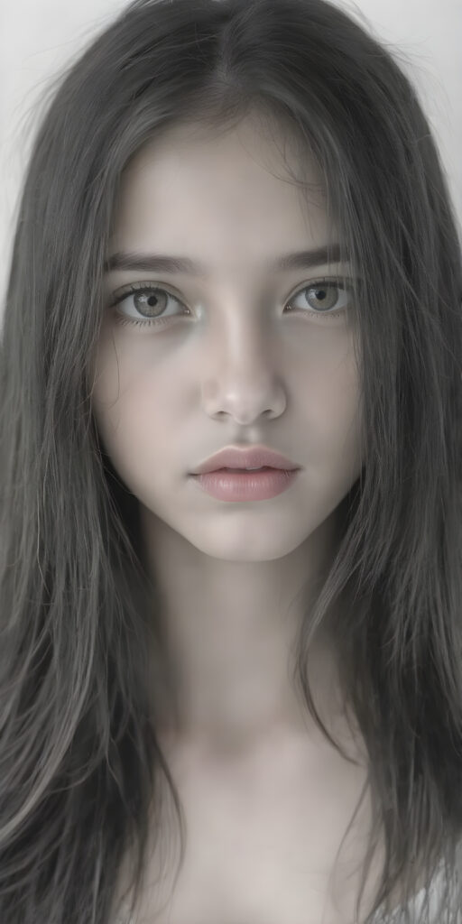 a (((very detailed and realistic (((black and white charcoal drawing))) ((upper body)) portrait))), featuring a (((cute teen girl))) with ((extremely long, straight, thick, untucked (natural dark) hair)), which flows down in a (soft, gradient slope) and gently curls around her face, paired with ((extremely realistic detailed (brown eyes))), ((realistic detailed (tanned, translucent skin)), and ((extremely realistic detailed (full kissable lips))), that curve in a (delicate, natural pose) against a backdrop of ((extreme front-facing view)), where her skin is ((extremely illuminated)), giving off an (extreme front-of-the-neck detail) and a (softly glowing natural complexion), all rendered in an (8K UHD) image with ((cinematic-quality black and white grading)) and ((cinematic-quality lighting)), embodying an (ultimate realism)