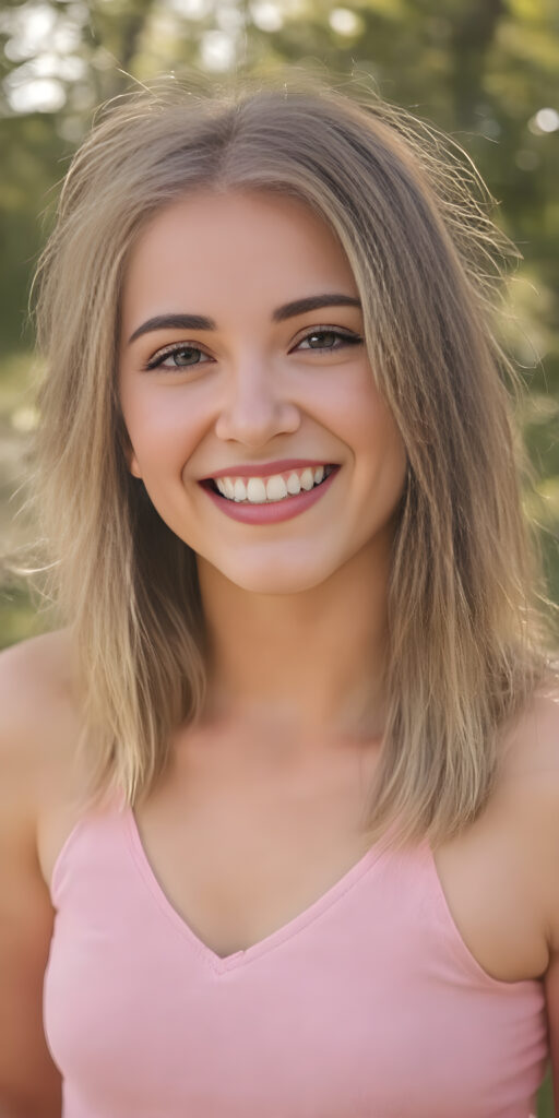 a (((very detailed and realistic photo from a (((cute young teen girl))), (she laughs and is very happy and radiates pure joy), with ((straight, thick, jet soft shoulder-length (golden) hair)), round face, full lips, withe teeth, light blue eyes, she wears a pink short cropped tank top with deep v-neck, she has a perfect curved body, all against a natural sunny backdrop in the park, photograph, portrait, symmetrical, close-up, warm tones, side view