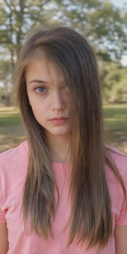 a (((very detailed and realistic photo from a (((cute teen girl))) with ((extremely long, straight, thick, jet soft (natural dark) hair)) stands in front of the viewer, she wears a pink t-shirt, all against a natural sunny backdrop in the park, Photograph Portrait Symmetrical Close-up Warm tones