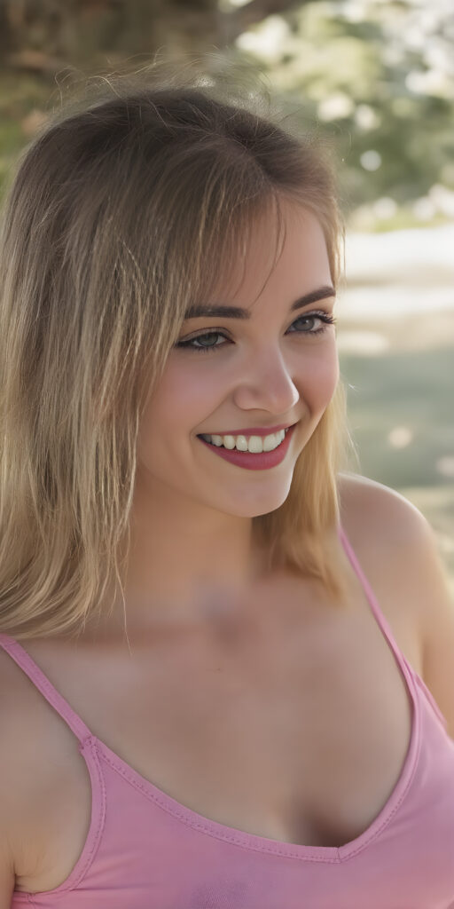 a (((very detailed and realistic photo from a (((cute young teen girl))), (she laughs and is very happy and radiates pure joy), with ((straight, thick, jet soft shoulder-length (golden) hair)), round face, full lips, withe teeth, light blue eyes, she wears a pink short cropped tank top with deep v-neck, she has a perfect curved body, all against a natural sunny backdrop in the park, photograph, portrait, symmetrical, close-up, warm tones, side view