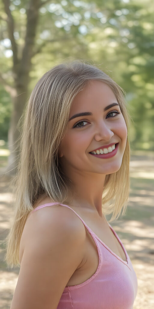 a (((very detailed and realistic photo from a (((cute young teen girl))), (she laughs and is very happy and radiates pure joy), with ((straight, thick, jet soft shoulder-length (golden) hair)), round face, full lips, withe teeth, light blue eyes, she wears a pink short cropped tank top with deep v-neck, she has a perfect curved body, all against a natural sunny backdrop in the park, photograph, portrait, symmetrical, close-up, warm tones, side view