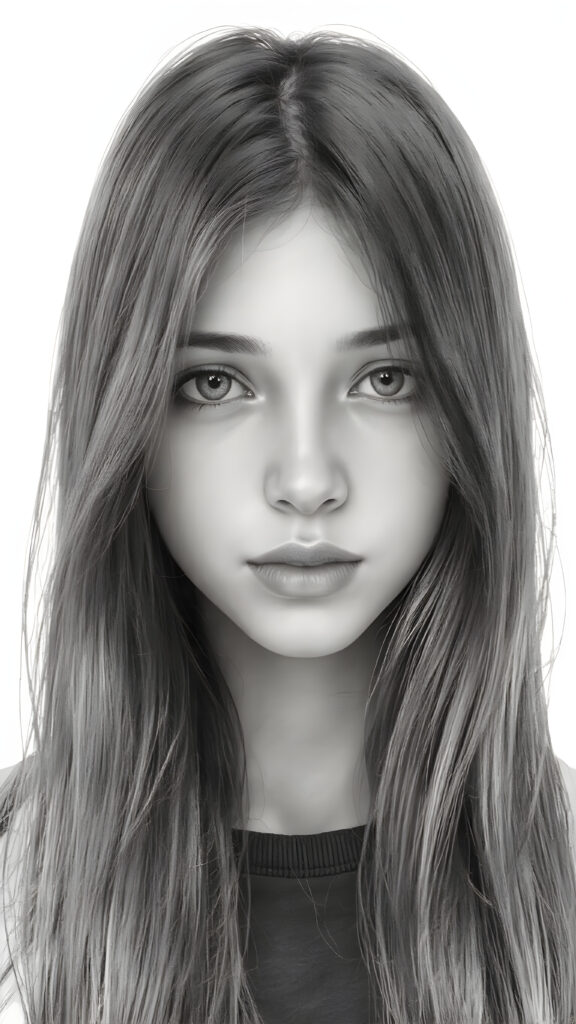 a (((very detailed and realistic (((black and white charcoal drawing))) ((upper body)) portrait))), featuring a (((cute teen girl))) with ((extremely long, straight, thick, untucked (natural dark) hair)), which flows down in a (soft, gradient slope) and gently curls around her face, paired with ((extremely realistic detailed (brown eyes))), ((realistic detailed (tanned, translucent skin)), and ((extremely realistic detailed (full kissable lips))), that curve in a (delicate, natural pose) against a backdrop of ((extreme front-facing view)), where her skin is ((extremely illuminated)), giving off an (extreme front-of-the-neck detail) and a (softly glowing natural complexion), all rendered in an (8K UHD) image with ((cinematic-quality black and white grading)) and ((cinematic-quality lighting)), embodying an (ultimate realism)